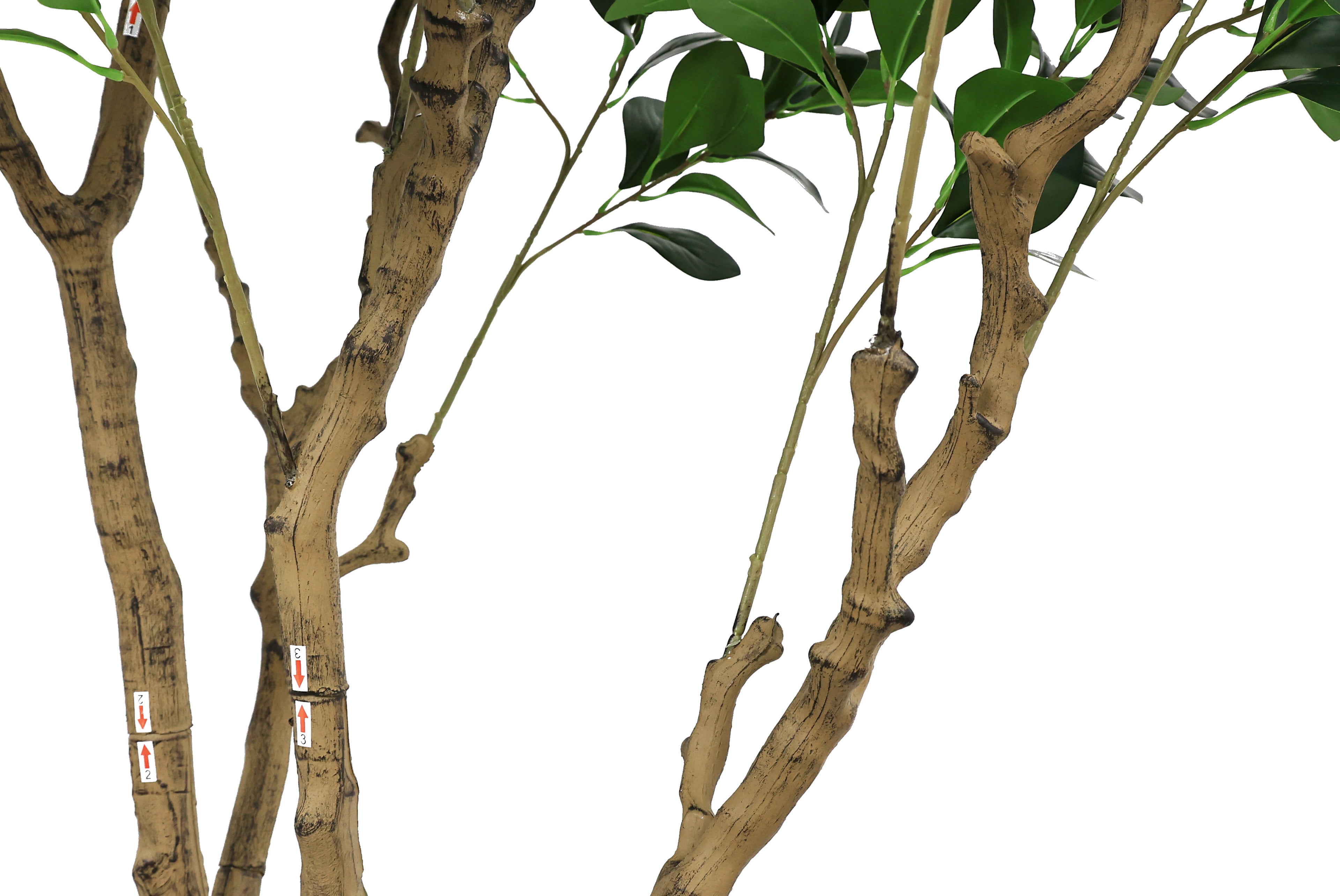 Close-up of the artificial Ficus Moclame tree trunks with numbered stickers showing assembly points at the joints.