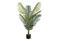 A tall artificial Majesty Palm tree with lush, feathered green fronds in a simple black pot against a white background.