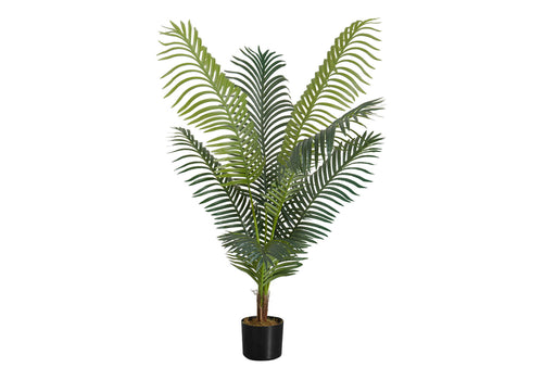 A tall artificial Majesty Palm tree with lush, feathered green fronds in a simple black pot against a white background.