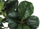 Close-up view of large, dark green, glossy leaves on an artificial fiddle leaf fig plant against a white background.