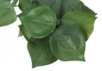 A close-up top-down view of artificial green leaves with visible veins and smooth, rounded textures.