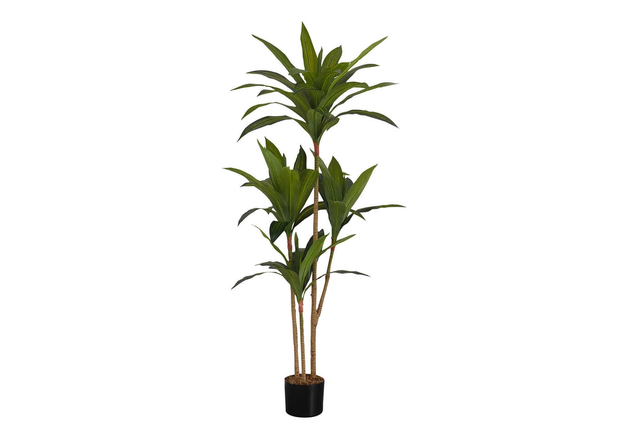 A tall artificial Dracaena tree with three slender trunks and lush green leaves in a simple black pot.