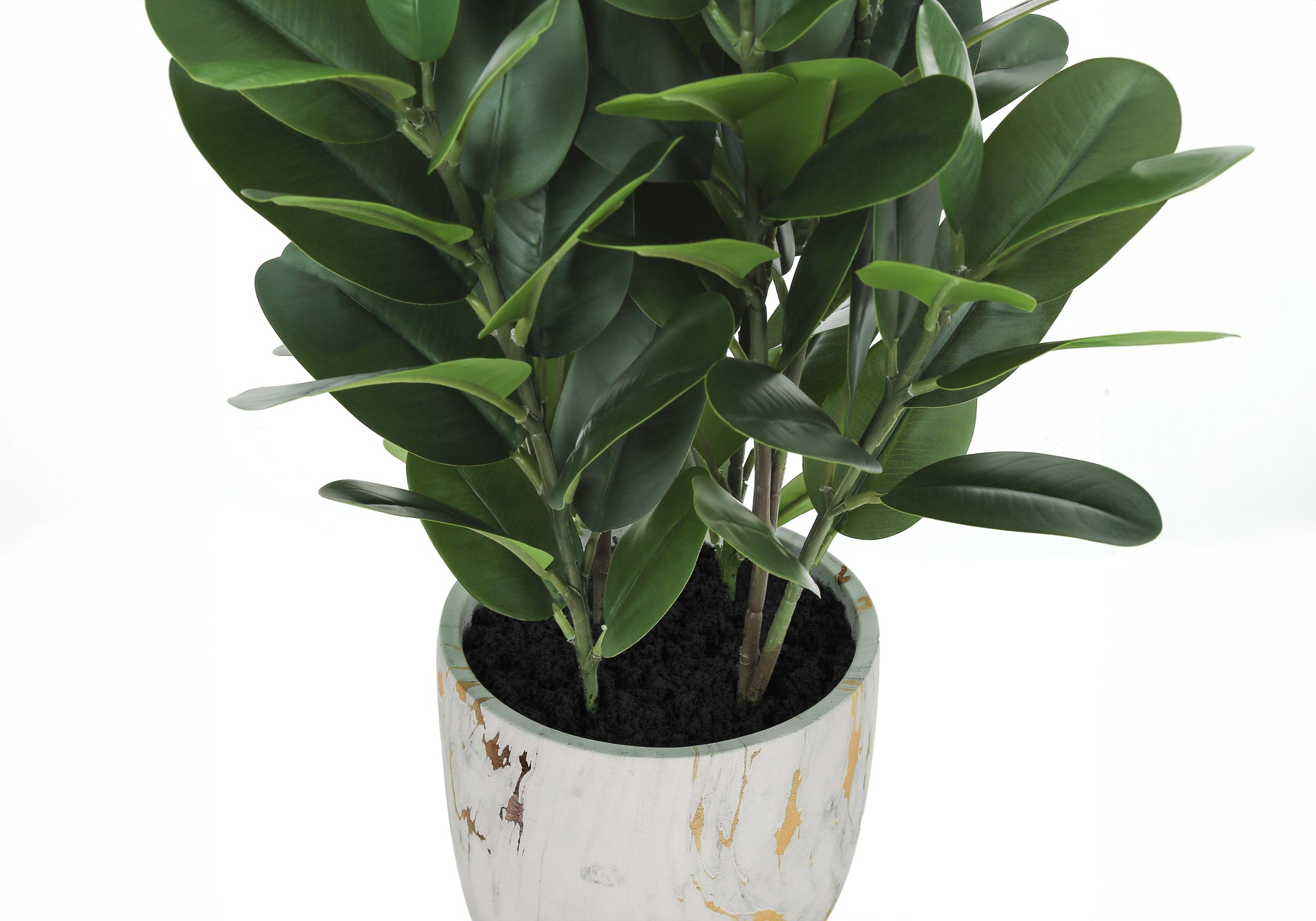 A medium-sized artificial Garcinia bush with dense green leaves in a white and gold marbled pot.