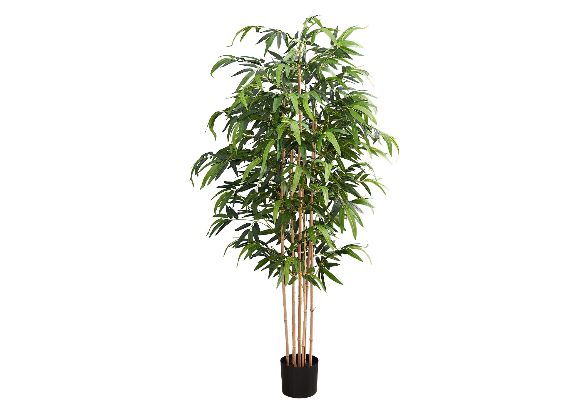 A tall, artificial bamboo tree with slender, light-colored stalks and lush green leaves in a simple black pot.