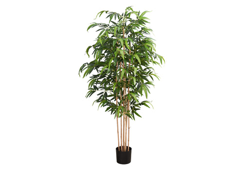 A tall, artificial bamboo tree with slender, light-colored stalks and lush green leaves in a simple black pot.