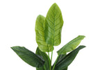Close-up of the large, vibrant green leaves of an artificial Bird of Paradise plant against a white background.