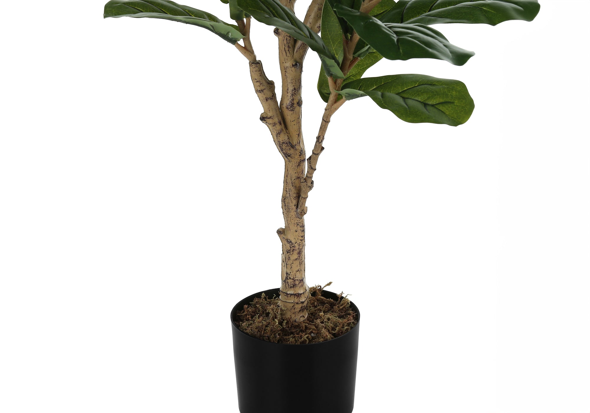 Artificial Fiddle Leaf Fig tree with a textured trunk and large green leaves in a simple black pot with moss.