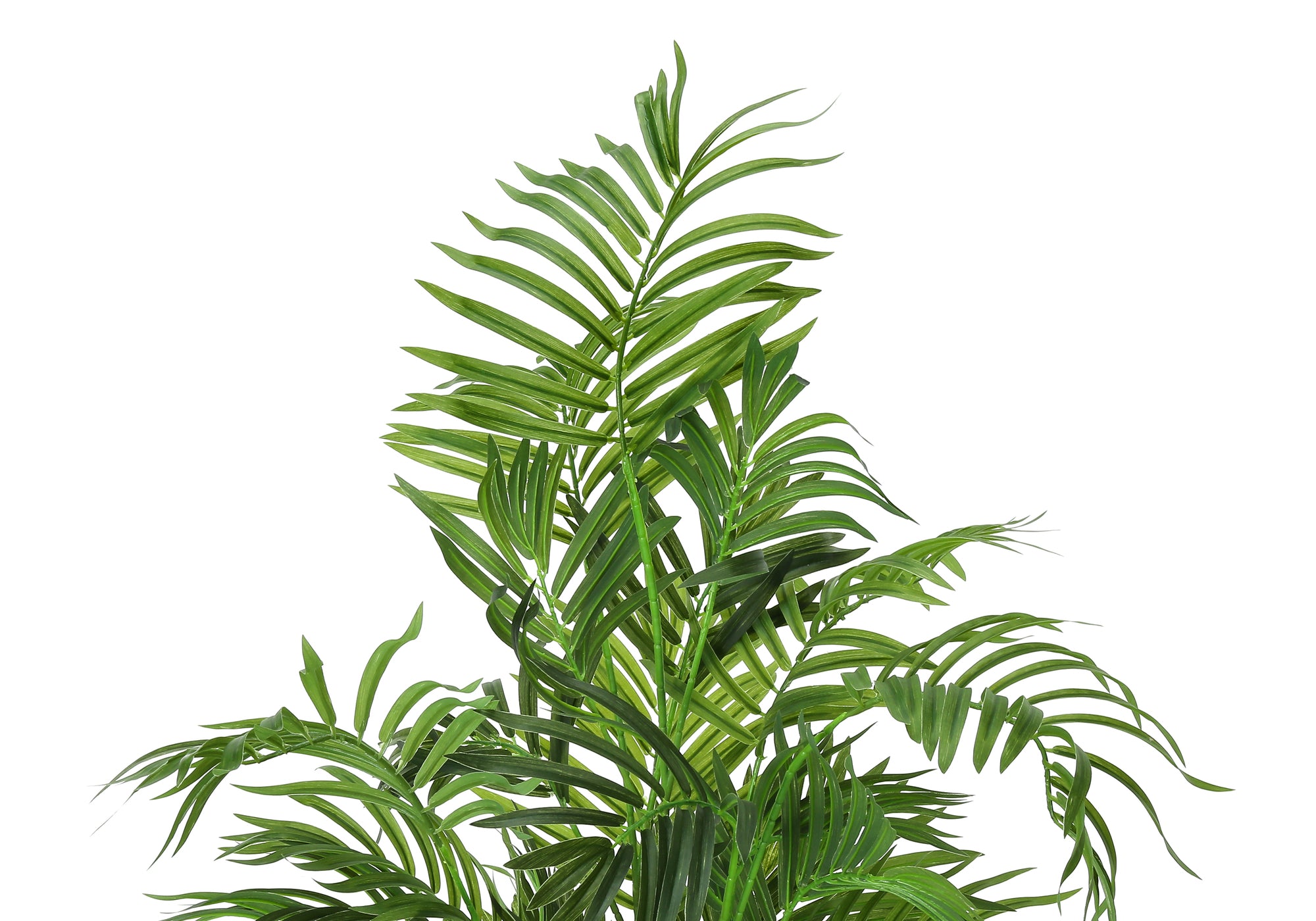 Close-up of the feathery green fronds of a faux Areca palm tree against a plain white background.