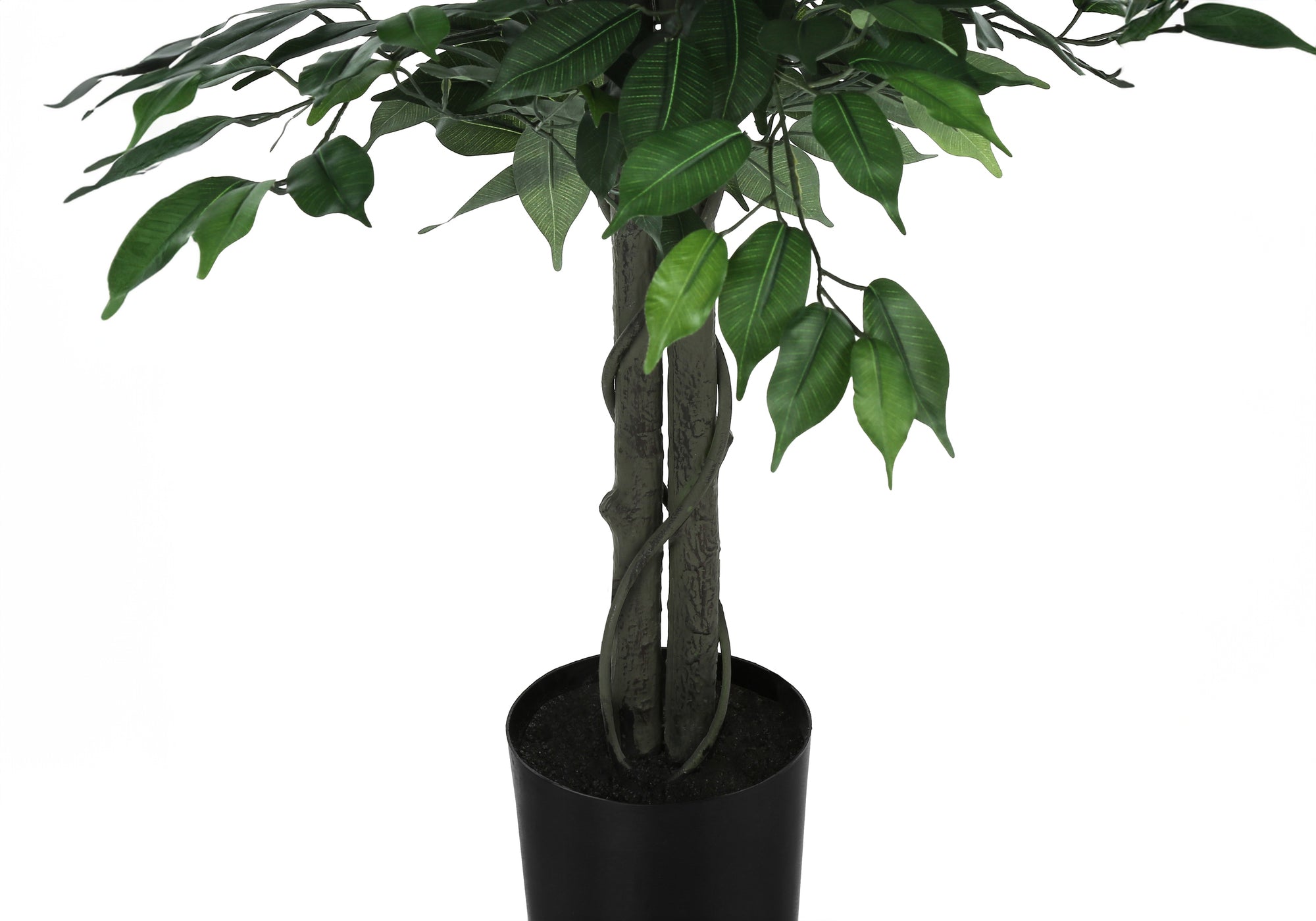 Artificial ficus tree with a braided trunk in a simple black pot against a plain white background.