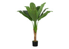 Artificial large banana tree with broad green leaves and a textured natural trunk in a small black pot.