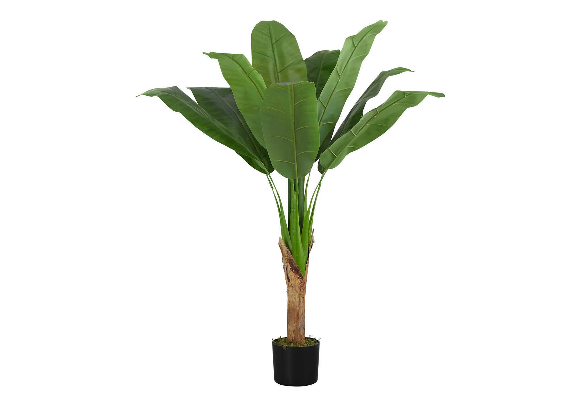 Artificial large banana tree with broad green leaves and a textured natural trunk in a small black pot.
