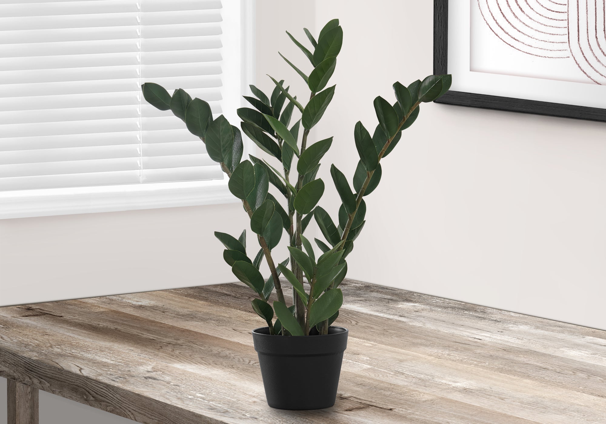 A medium artificial ZZ plant with dark green leaves in a black pot, sitting on a rustic wooden desk near a window.