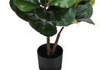 Close-up of an artificial fiddle leaf fig bush with large green leaves in a simple black pot against white.
