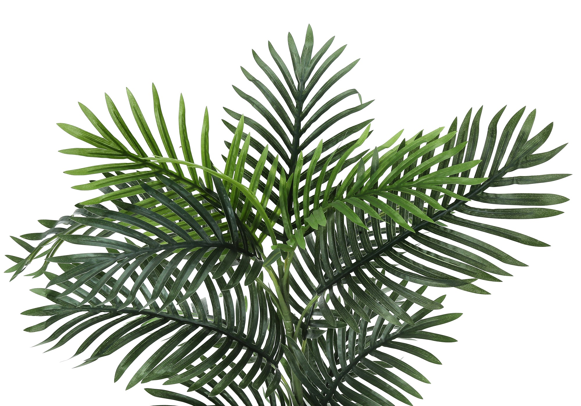 Close-up of the green, feathery fronds of an artificial Areca palm plant against a plain white background.