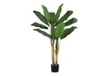 Artificial banana plant with wide green leaves and a dual trunk structure in a simple black pot against a white background.