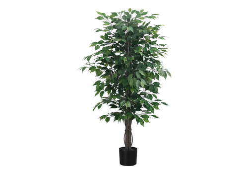A tall artificial ficus tree with lush green leaves and a braided trunk standing in a simple black pot.