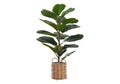 Artificial fiddle leaf fig plant in a woven boho basket with handles, on a white background.