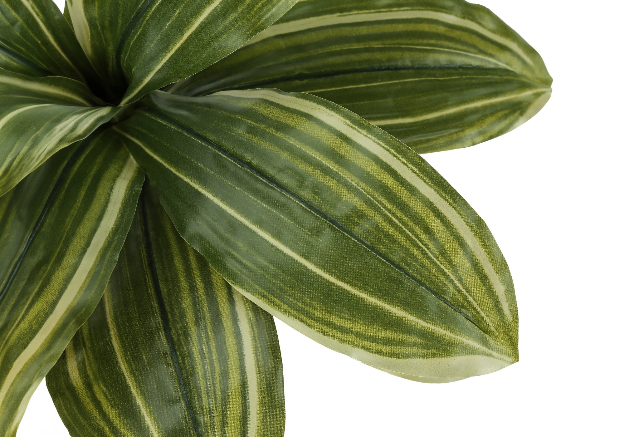 Close-up of artificial Dracaena Lemon Lime leaves featuring vibrant green and yellow striped patterns.