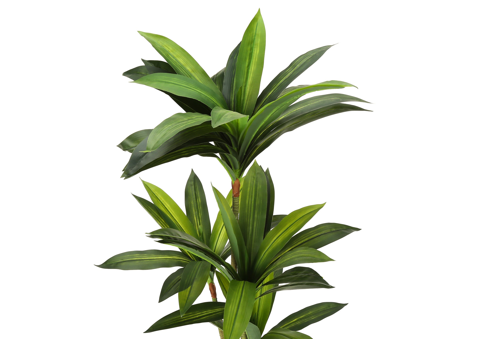A tall artificial Dracaena tree with three distinct trunks and lush green pointed leaves against a white background.