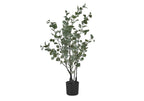 Artificial medium eucalyptus plant with frosted green leaves in a simple black pot against a white background.