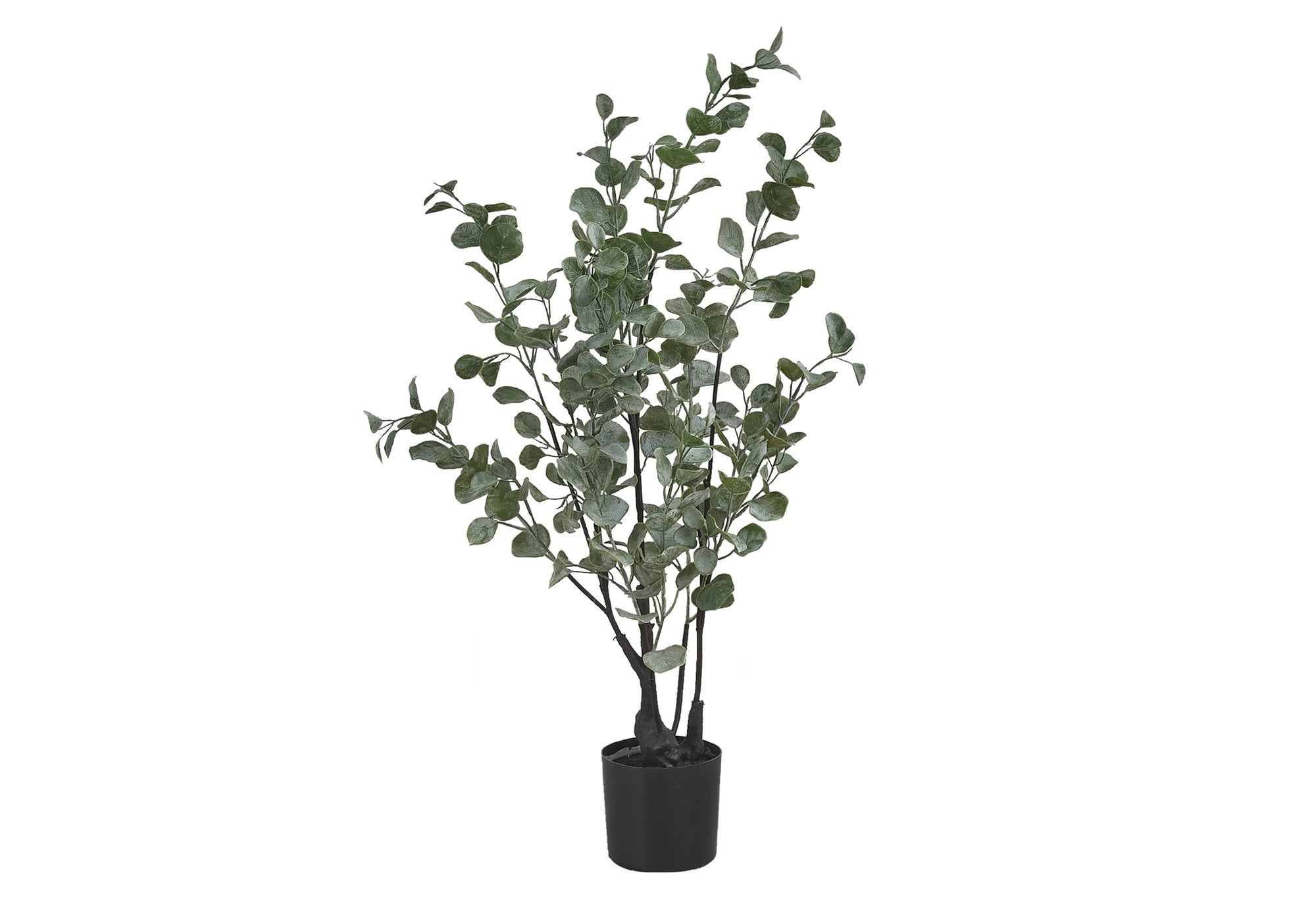 Artificial medium eucalyptus plant with frosted green leaves in a simple black pot against a white background.