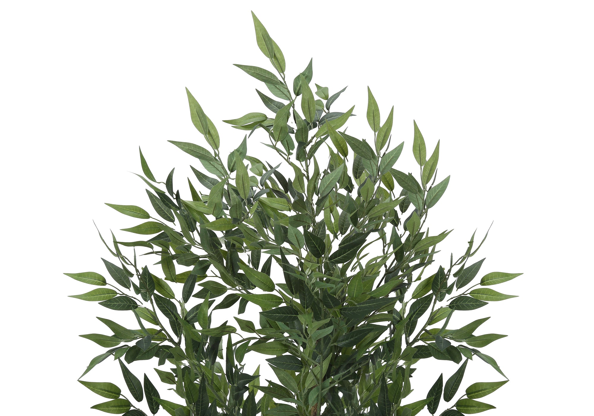 Close-up of the lush green, pointed leaves and thin branches of a large faux acacia tree against a white background.