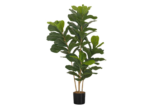 A tall artificial fiddle leaf fig bush with large, lush green leaves in a simple black pot against a white background.