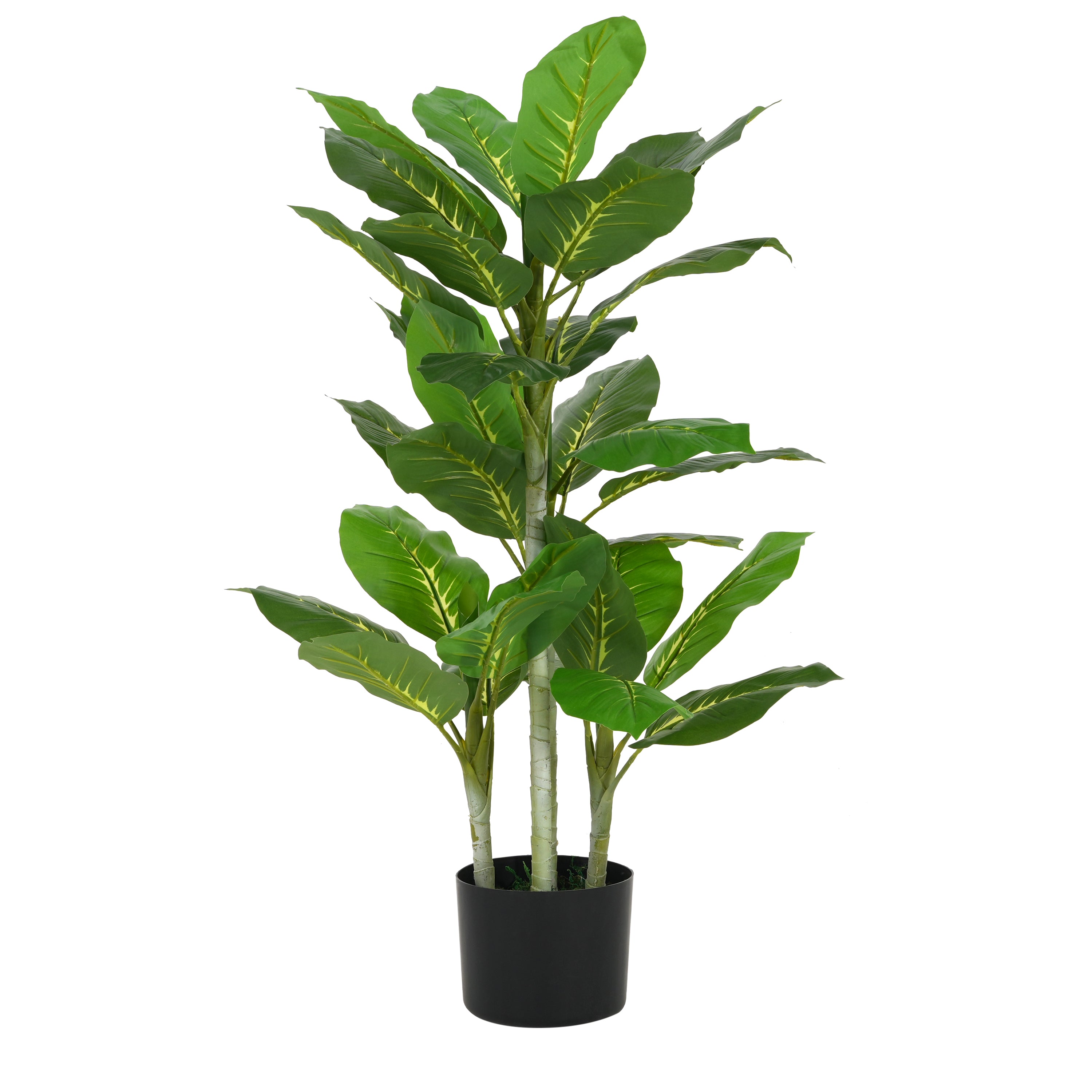A tall artificial Dieffenbachia plant with broad green leaves and yellow variegation in a simple black pot.