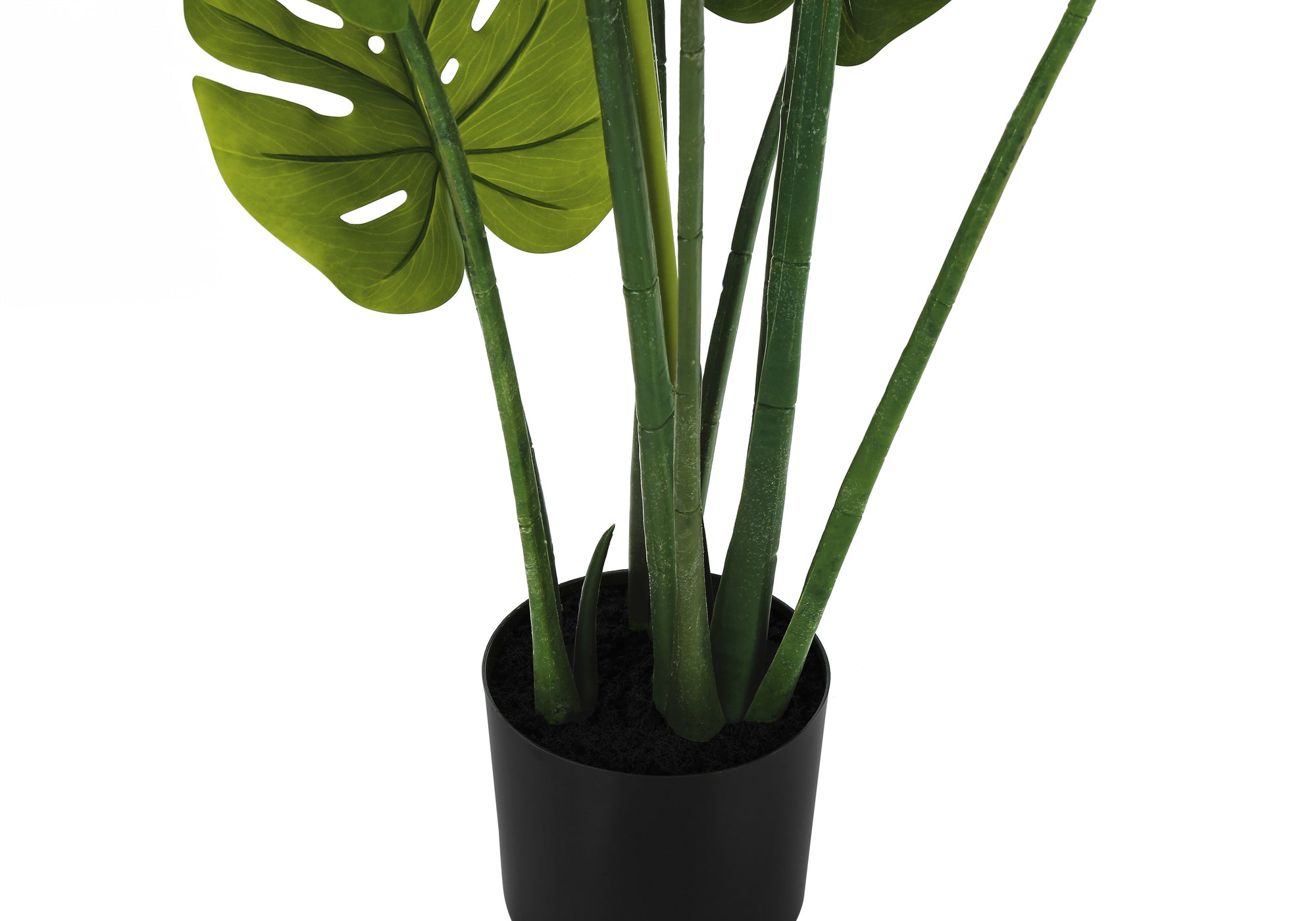 Close-up of an artificial Monstera plant with large, split green leaves in a simple black pot against white.