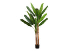 Tall artificial banana plant with large green leaves and two textured trunks in a simple black pot.