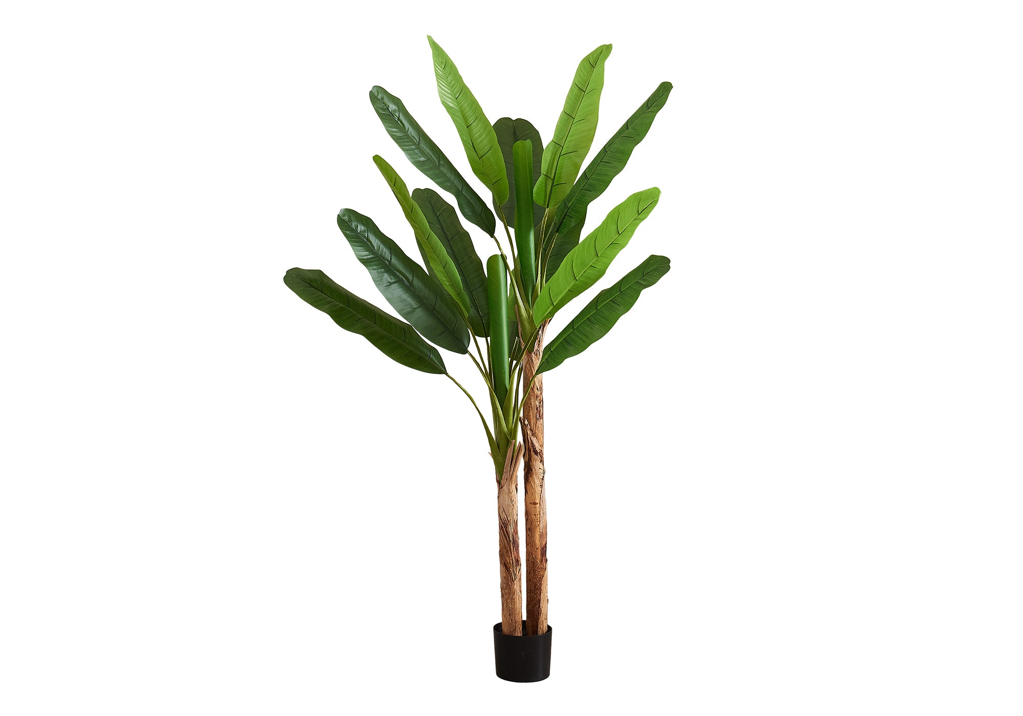 Tall artificial banana plant with large green leaves and two textured trunks in a simple black pot.