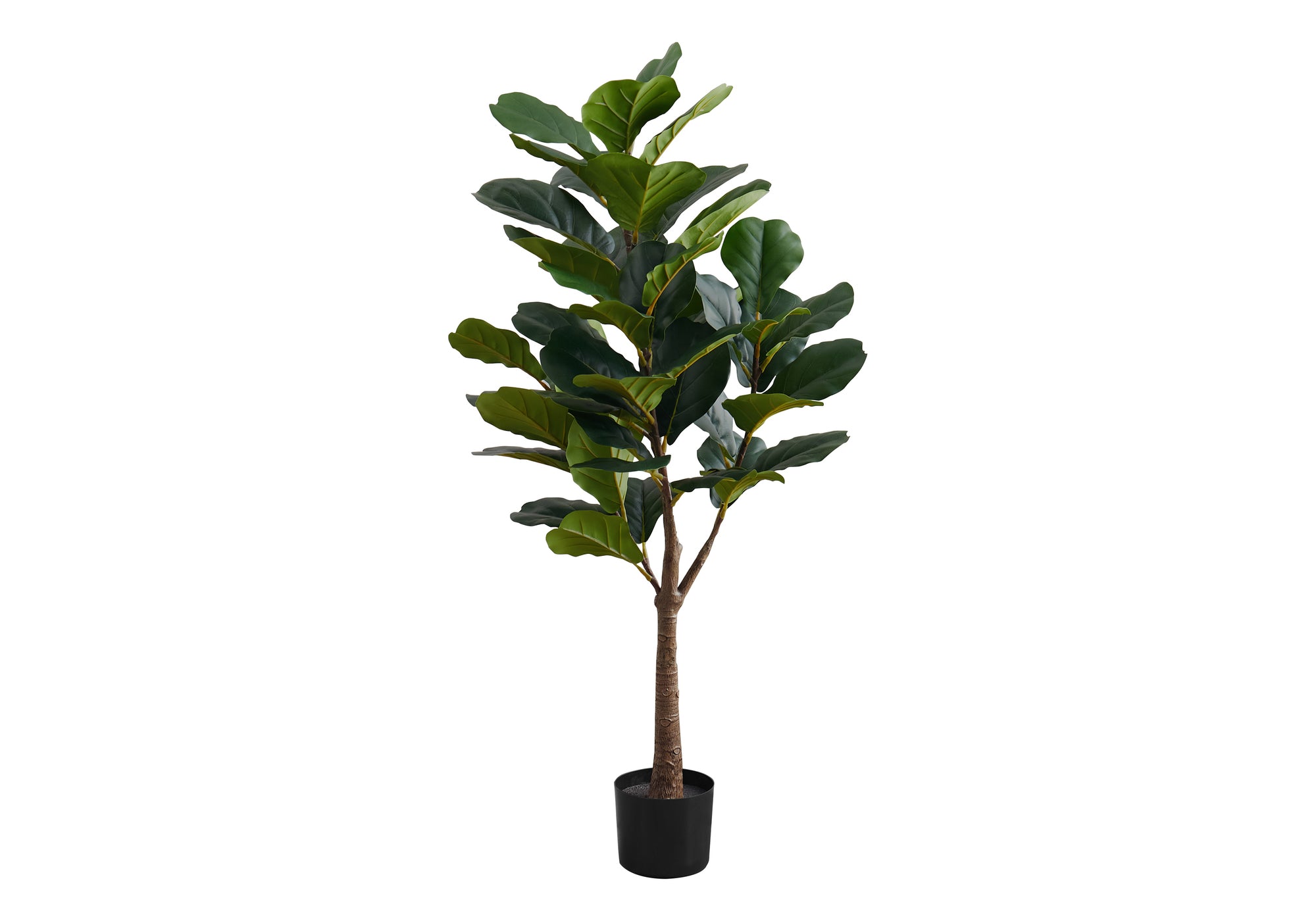 A tall artificial fiddle leaf fig tree with large, dark green leaves in a simple black pot against a white background.