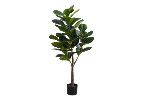 A tall artificial fiddle leaf fig tree with large, dark green leaves in a simple black pot against a white background.
