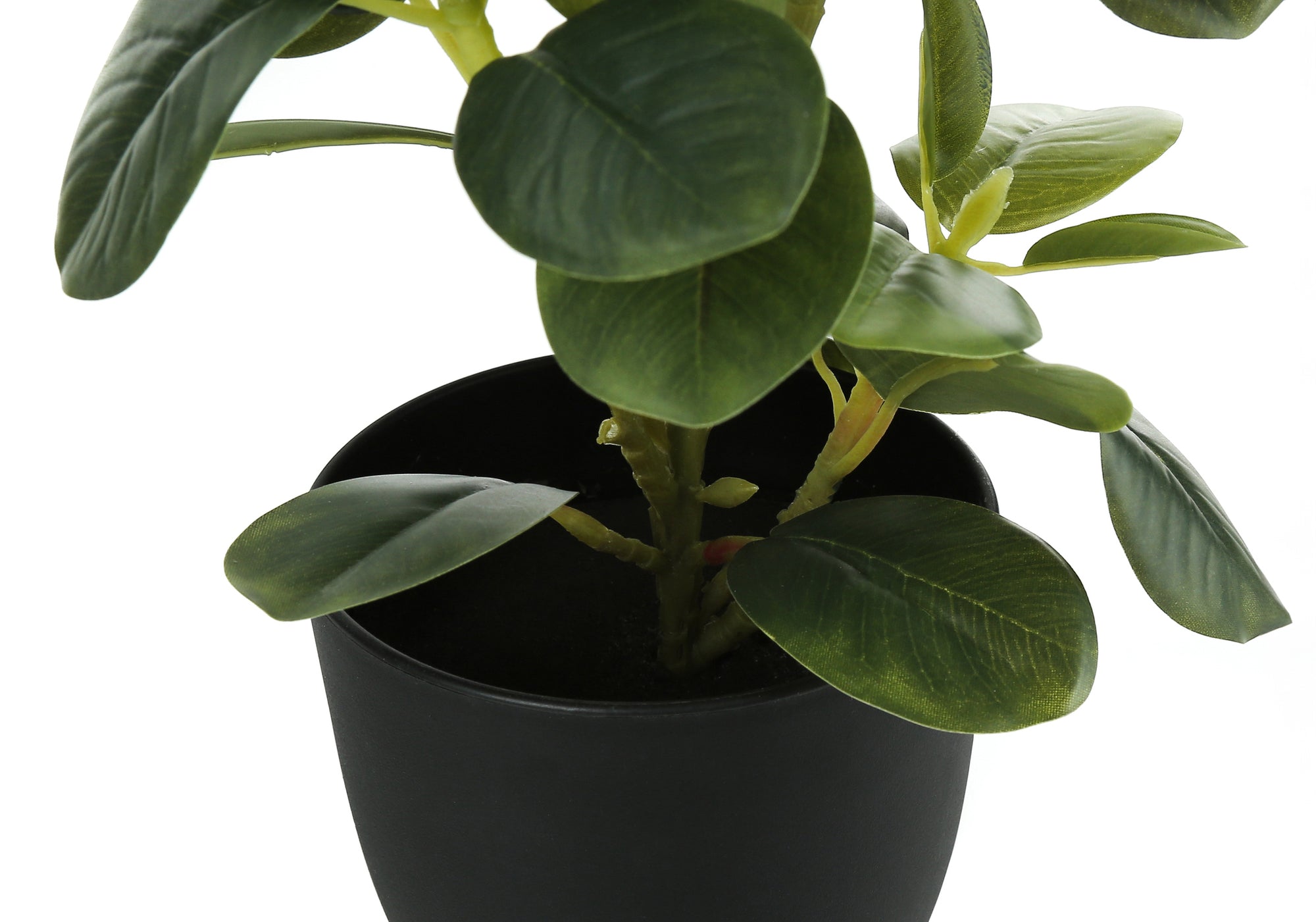 Close-up of an artificial baby rubber plant with green leaves in a simple matte black pot against a white background.