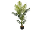 A tall artificial Majesty palm tree with lush, feathered green fronds in a simple black pot against a white background.