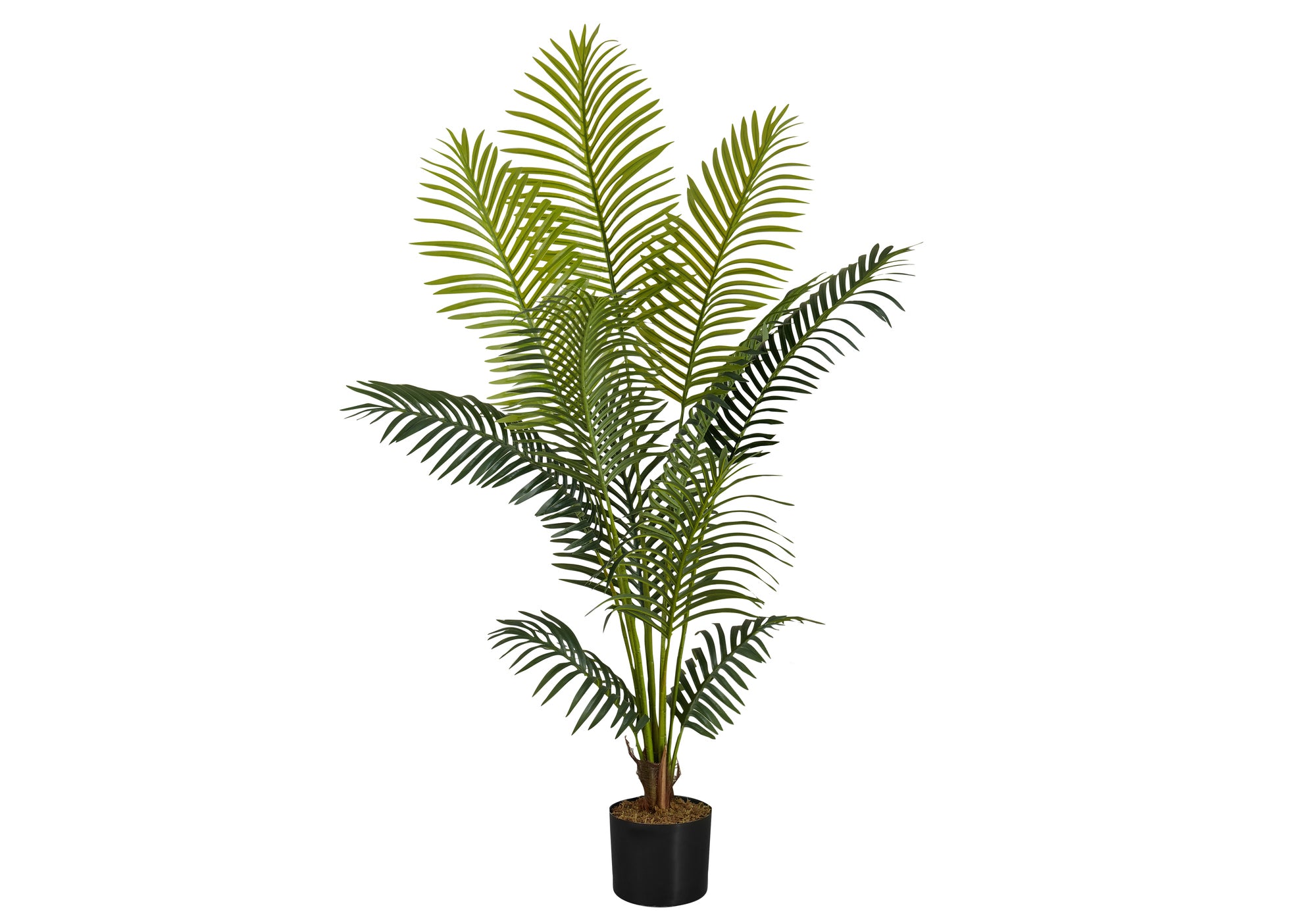 A tall artificial Majesty palm tree with lush, feathered green fronds in a simple black pot against a white background.