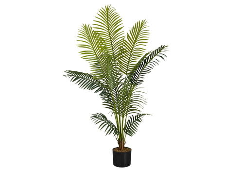 A tall artificial Majesty palm tree with lush, feathered green fronds in a simple black pot against a white background.
