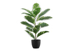 Artificial variegated rubber tree with creamy-edged green leaves in a simple black pot against a white background.
