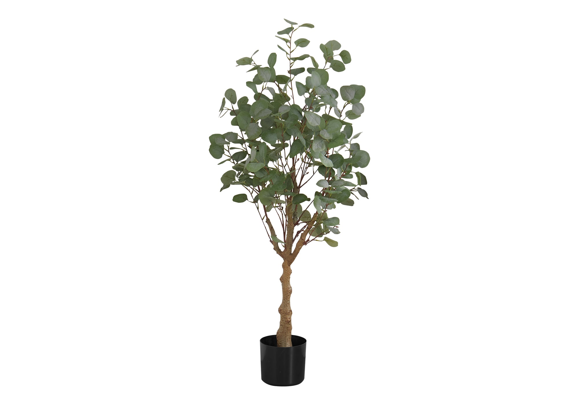 A 46-inch tall artificial eucalyptus tree with rounded green leaves in a simple black plastic pot.