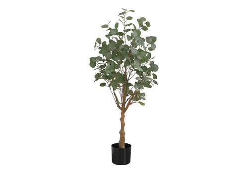 A 46-inch tall artificial eucalyptus tree with rounded green leaves in a simple black plastic pot.
