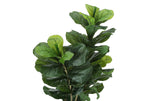 A lush, artificial fiddle leaf fig bush with large, glossy green leaves against a plain white background.