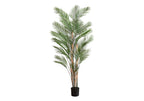 Large faux areca palm with tall green fronds and bamboo-style trunks in a black nursery pot