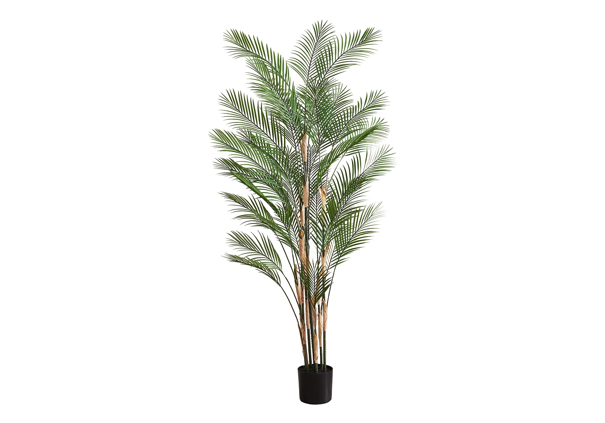 Large faux areca palm with tall green fronds and bamboo-style trunks in a black nursery pot
