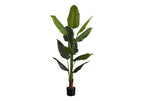 A tall artificial Bird of Paradise plant with large, sculptural green leaves in a simple black pot.