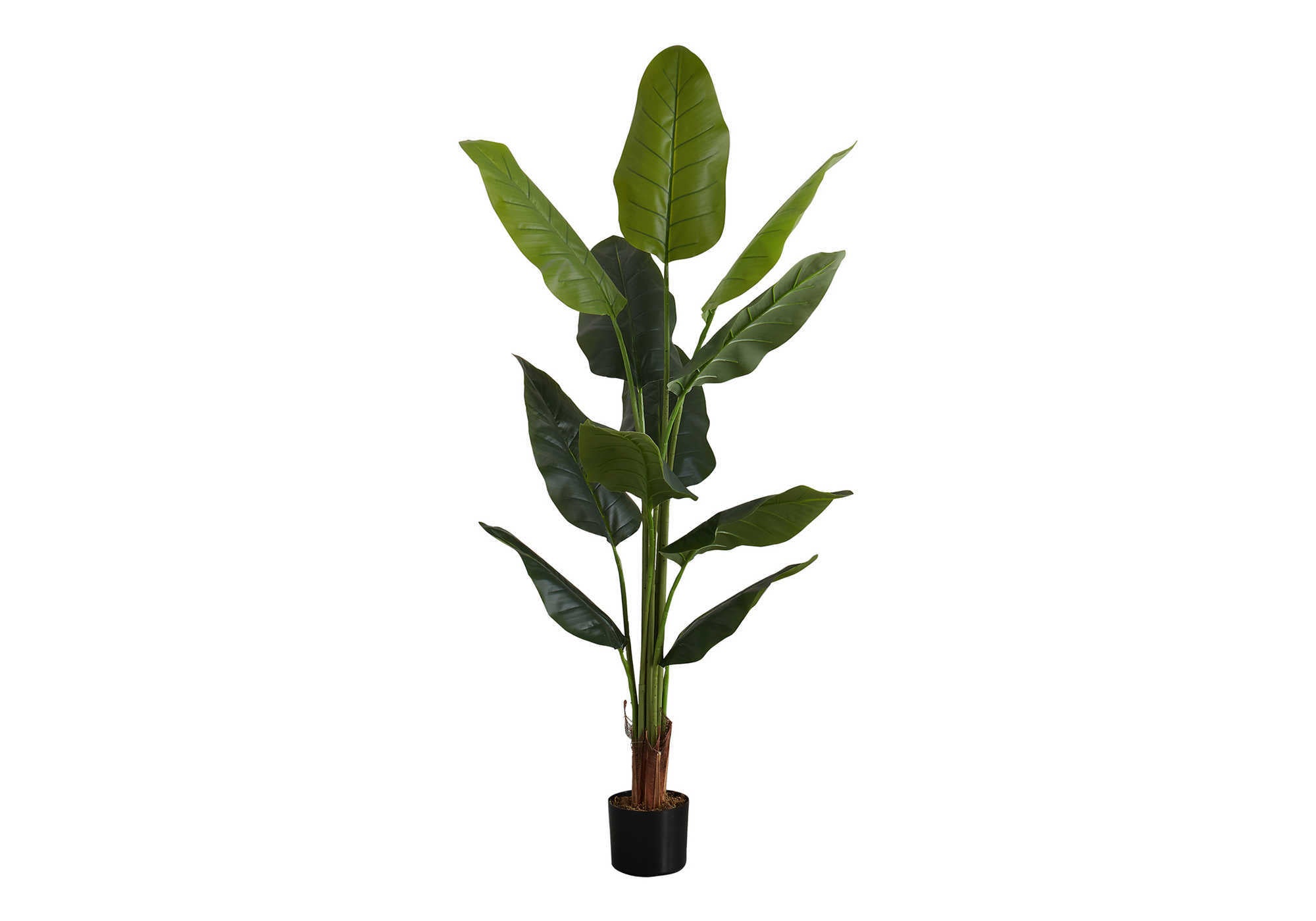 A tall artificial Bird of Paradise plant with large, sculptural green leaves in a simple black pot.