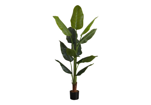 A tall artificial Bird of Paradise plant with large, sculptural green leaves in a simple black pot.