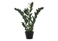 Artificial medium ZZ plant with dark green, structured leaves in a simple black pot against a white background.