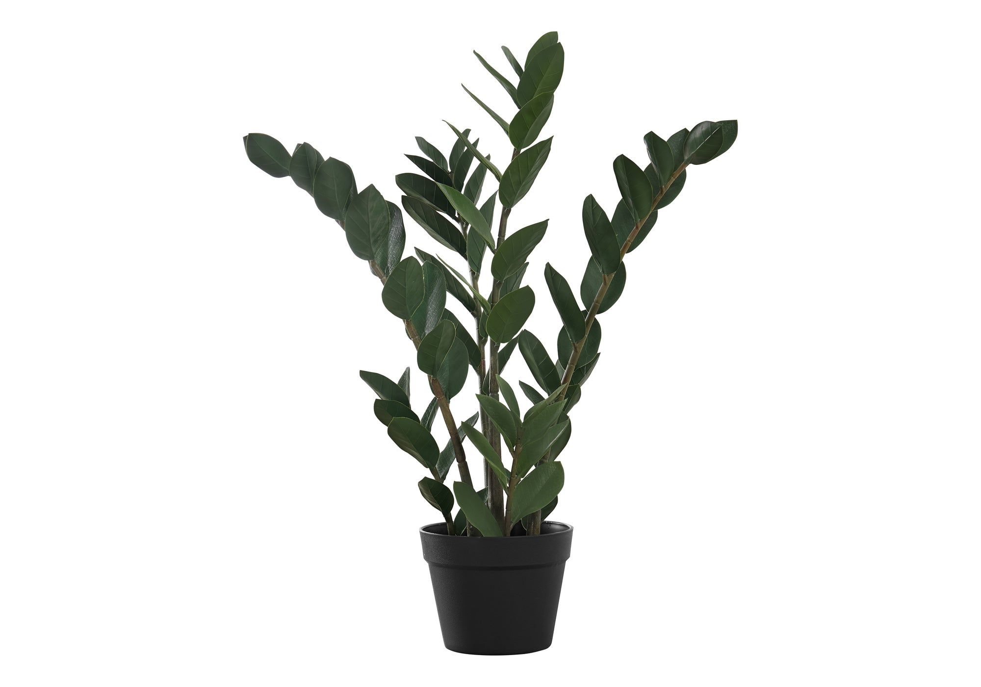 Artificial medium ZZ plant with dark green, structured leaves in a simple black pot against a white background.