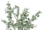 Close-up of artificial eucalyptus branches with frosted, pastel green rounded leaves against a white background.