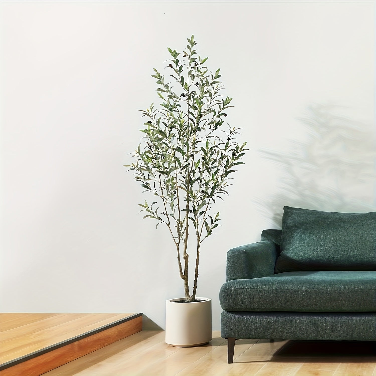 A tall artificial olive tree in a white pot stands next to a dark green sofa against a white wall.